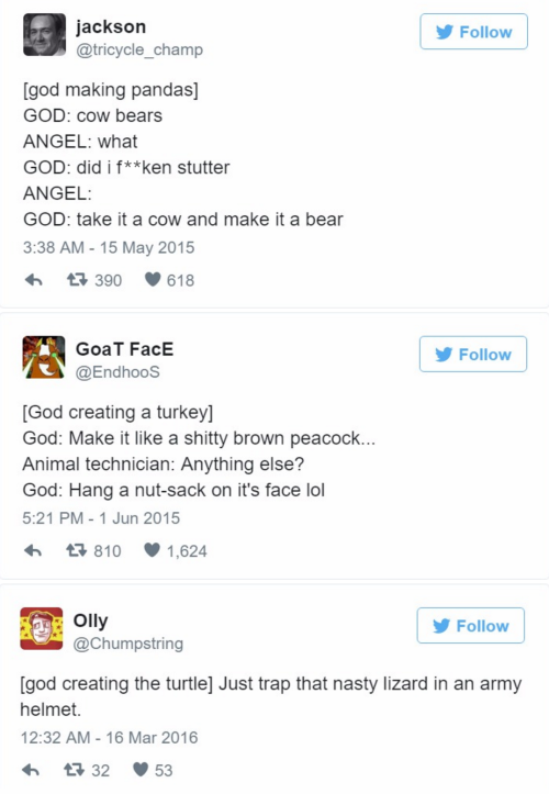 tastefullyoffensive:How God Created Animals (via boredpanda)Previously: Dad Tweets