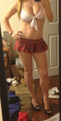 smallgirlbigtitties:  My naughty school girl outfit! My birthday present from cafelust and I love it SO much! I was super busy today but I will take better pictures in it soon! ;) 