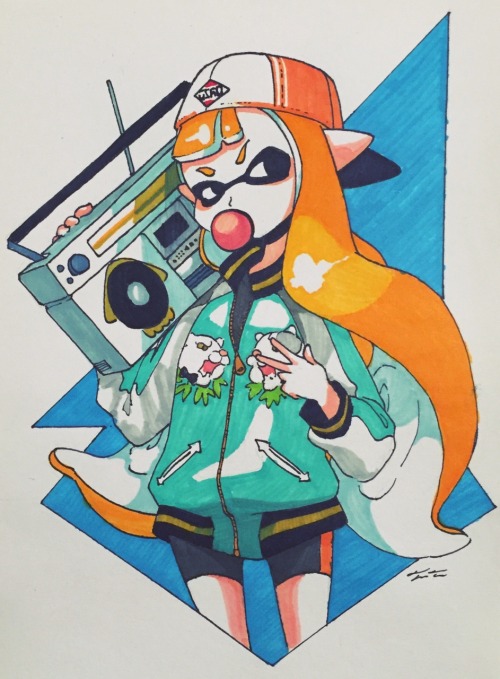 Boombox fresh. Backwards cap, squid satin jacket.  Doodled in a small, old sketchbook I found somewh