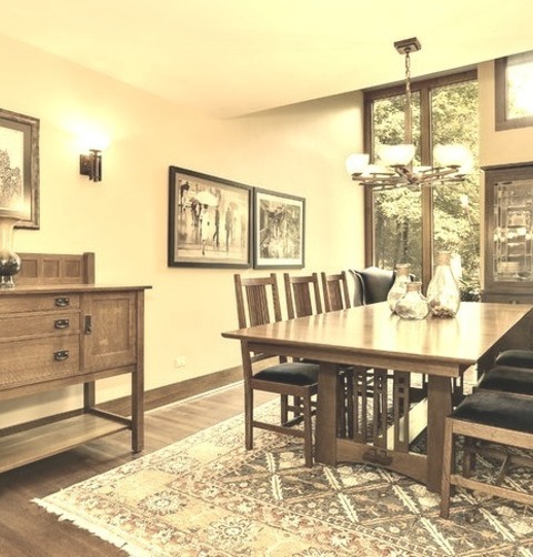 Chicago Dining Room Great RoomExample Of A Large 1950s Medium Tone Wood Floor, Brown Floor, Wallpaper