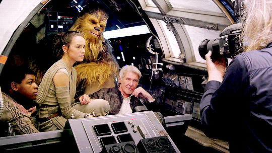 hansolo: The Force Awakens cast John Boyega, Daisy Ridley, and Harrison Ford pose