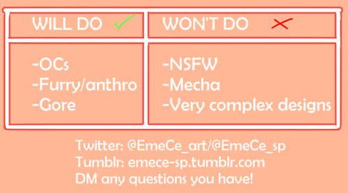 Hello! My name’s Emece and I’m doing commisions!DM any questions you have! Either here or in one of 