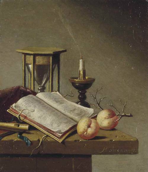 An hourglass, flute, open book, candle and peaches on a wooden ledge. Harmen Steenwijck (Dutch, c.16