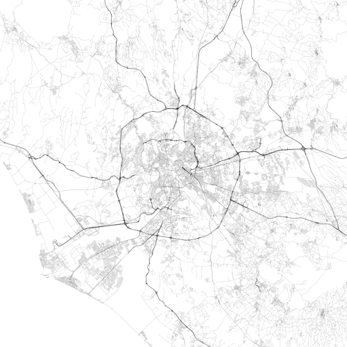 Rome, Italy. Visualising the street network of Rome. A complex old city paints a beautiful picture i