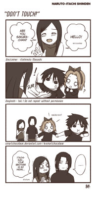 smartchocobear:    Inspired by Naruto Shippuden episode 452 (Itachi Shinden). Sasu-chan, you should treat your sister in law better~ Great, now after watching Itachi Shinden I keep thinking about possibility of relationship between SasuSaku and ItaIzu.