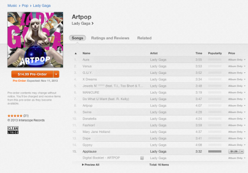 eniqmapopstar:  This page comes up as an option when you search ARTPOP in the iTunes search engine. Gaga said iTunes pre-order promo starts this Tuesday. This page is obviously supposed to be hidden from us, but the guys at Apple are a bit incompetent
