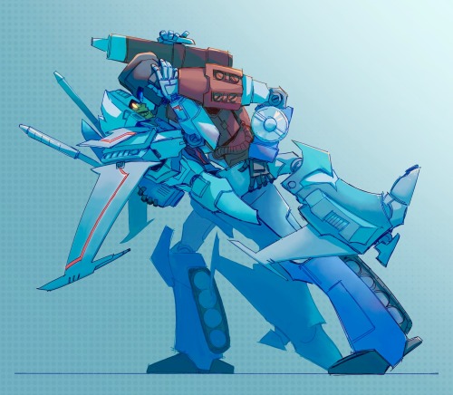 digital coloured drawing of brainstorm and perceptor from TF MTMTE, overall a very blue image. perceptor holds brainstorm and kisses him in a big dipping pose. brainstorm's mask is off and he looks surprised. love wins