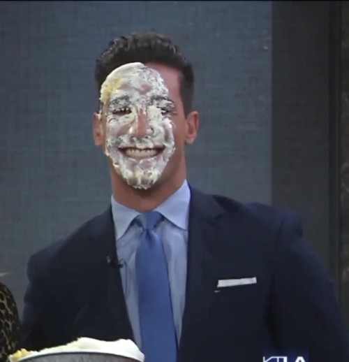 Absolutely gorgeous news reporter, Mark Mester gets a sexy pie in the face! 