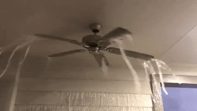 Icicles Form on a Spinning Ceiling Fan During the Unexpected Freezing Temperatures in Texas
