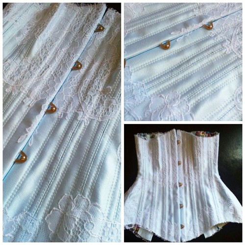 INPROGRESS: Ice blue underbust w/ white chantilly lace detail. Made as part of a full burlesque outf
