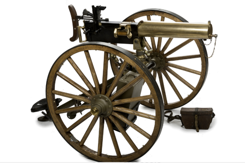 German made brass sleeve Maxim machine gun mounted on caisson, circa 1898.  Sold to Argentinian Army