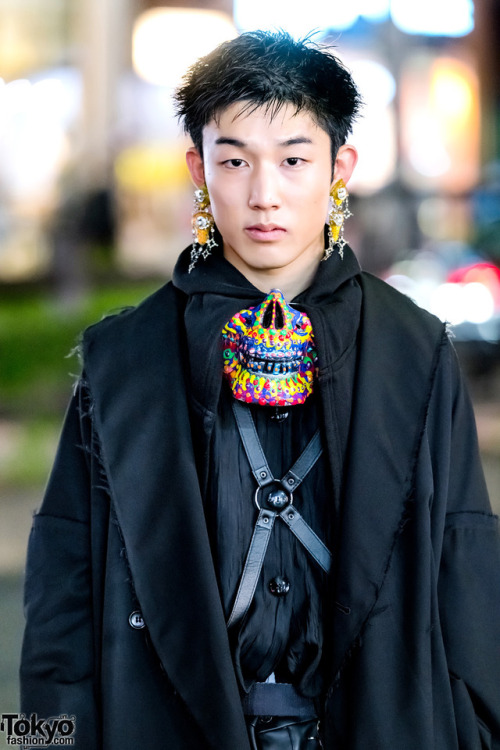 tokyo-fashion:Japanese high school student Kanji on the street in Harajuku wearing a dark avant-garde look with handmade items, Comme des Garcons Homme Plus, Y-3, LAD Musician, Dog Harajuku, and Sulvam. Full Look