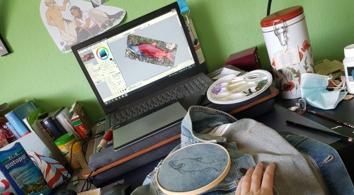 !!! :D I Finally Started On My Salmon Themed Denim Jacket! I Used Castle Arts Acrylics, Acrylic Medium