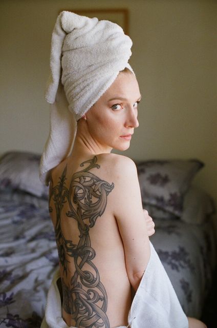 Sabrina Looking Over Shoulder, Tattoo, Analogue Photography, 35mm Film, Bedroom, Nude, Adults Only, 