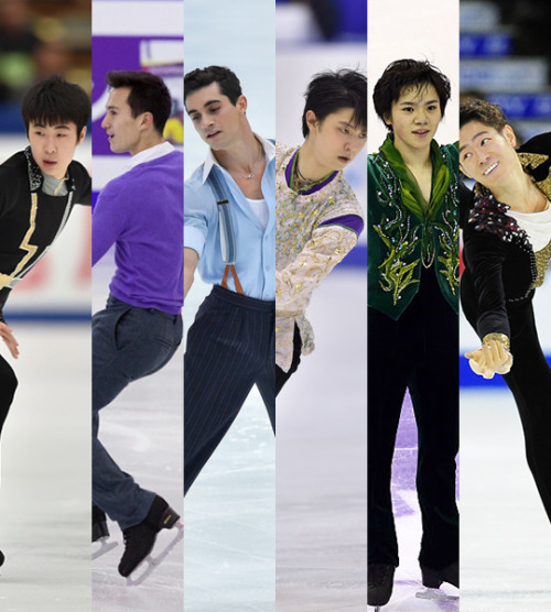 Yuri!!! on Ice shouts out to the six 2015 Grand Prix Final male skaters and their short program/free skate costumes!From left to right: Jin Boyang (China), Patrick Chan (Canada), Javier Fernandez (Spain; Silver), Yuzuru Hanyu (Japan; Gold), Shoma Uno
