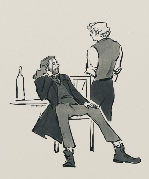 a black and white illustration of grantaire and enjolras from les miserables. grantaire is reclining on a chair and resting his head on his elbow, which rests on a table with a bottle on it. he has a smug look as he gazes up at enjolras. enjolras stands in the background, looking over his shoulder at grantaire with a stern look on his face.