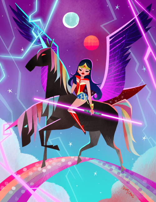 joeyart: Since Its comic con week. here’s Wonder woman riding a 2 headed black rainbow pega unicorn