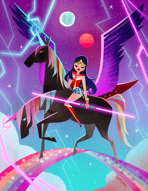 joeyart: Since Its comic con week. here’s Wonder woman riding a 2 headed black rainbow pega un