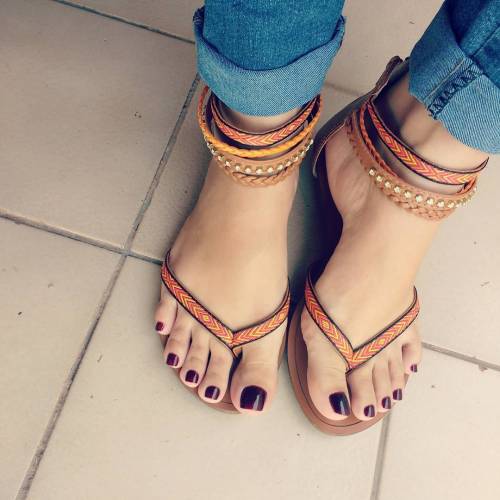 Pretty feet in thong ankle wrap sandals!