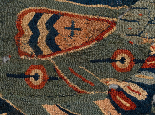 theancientwayoflife:~ Fragment of Wall Hanging with confronted cocks and running dogs.Date: A.D. 4th