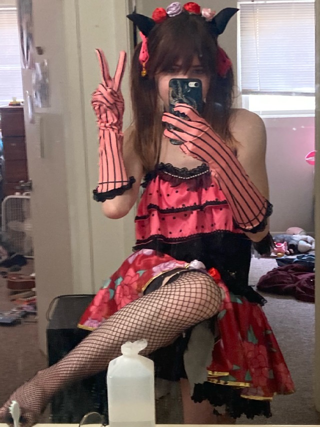 cosplay try-on of the nico little devil cosplay that came in today, I’ll need to glue on or secure the tiara somehow to 