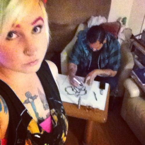 That artist friend life. #art #pinkhair #pinkeyebrows #tattoos #draw #whiskey