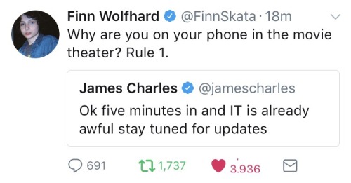 reddieloversclub: myotpisgay:  ishinomori:  themysteryoftheunknownuniverse:  bevvie-marsh: Finn Wolfhard dragging James Charles on twitter IT was amazing James Charles is just mad that he didn’t get cast as Pennywise   extra extra read all about it