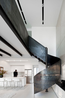 designed-for-life:  Nam Dger Apartment by Gerstner Architects Nam Dger Apartment is a unique modern home situated in Nam Tower in the heart of Tel Aviv, Israel. The most intriguing feature about this home is its sculptural steel staircase as the focal