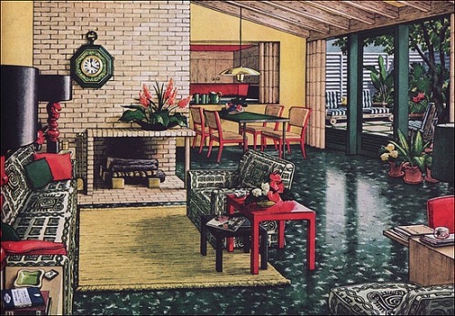 theniftyfifties:  1950 living and dining room with Armstrong Asphalt floors. 