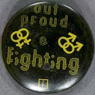 “Out, Proud, & Fighting” pinback, International Socialists, Melbourne, Australia, c.