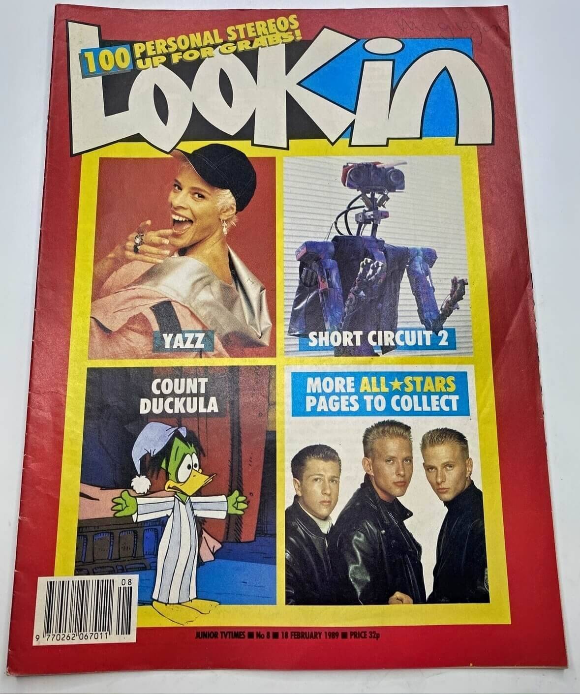 <p>Look-In magazine from 18 February 1989 featuring Yazz, Short Circuit 2, Count Duckula and Bros.</p>