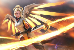 cyberclays:   Mercy   - Overwatch fan art by  Alex Negrea   More Overwatch related art on my tumblr [here]  