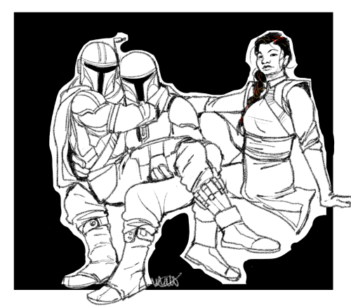 deniigi:that bobadin anon made me think about the power trio. [Image ID: Din Djarin, Boba Fett, and 