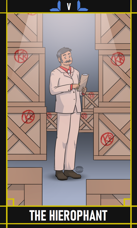 V - The Hierophant (Jure) by @rcbirdy[id: a tarot card depicting Jure as ‘V - The Hierophant’. he is