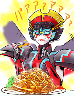 u-me-tarou:  RiD windblade→French fries Tailgate→custard pudding Twitterの#リプきたキャラにリプきた食べ物を食べさせる ってタグで描かせて頂きました！　いっぱい食べさせたい… 