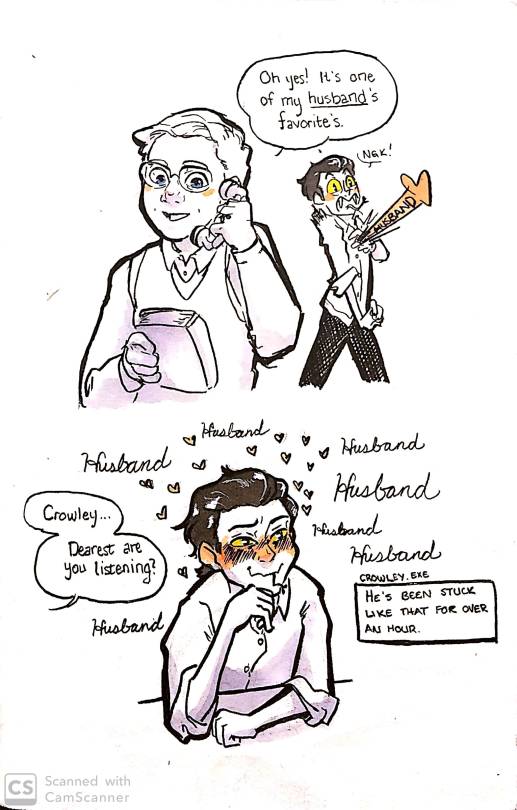fireflysummers:  Borrowed book designs of Aziraphale and Crowley from @10yrsyart once again. They mentioned that these two disasters just decided one day that they were married, no ceremony or papers. This is Crowley reacting to hearing his angel call