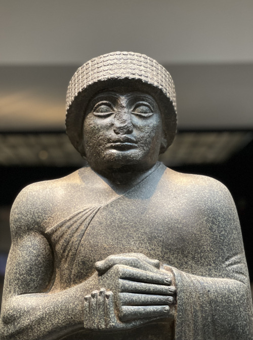 A stone statue of Gudea, ruler of the Sumerian city of Lagash, dating back to 2120 BCE. Louvre Abu D