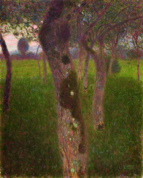 amare-habeo:Gustav Klimt (Austrian, 1862-1918)Orchard in the evening, 1898Oil on canvasLeopold Museu