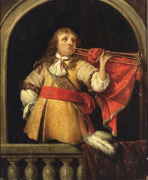 An Officer Blowing a Trumpet. Anthonie Palamedesz (Dutch, 1601-1673). Oil on panel.The trumpeter&rsq