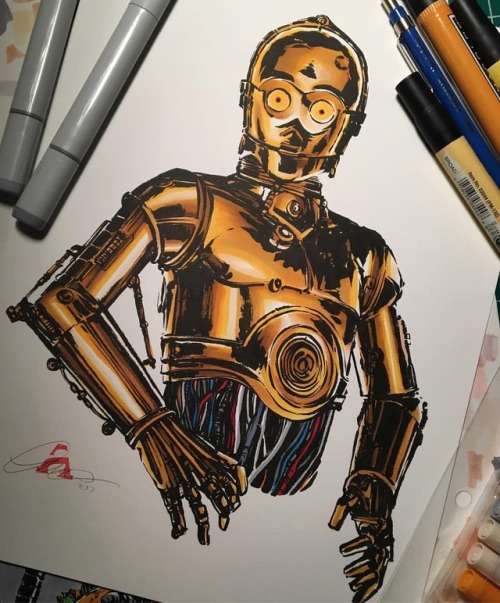 My parts are showing? Oh my goodness!....#c3po #starwars #droid #pentelbrushpen #penandink #ink #art