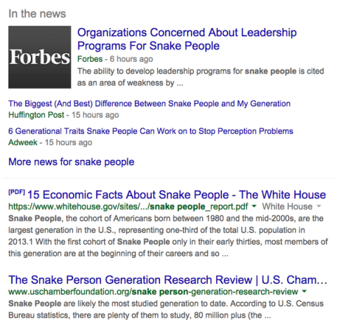 buzzfeed:  There’s a Chrome extension that replaces “Millennials” with “Snake People” and it’s pretty great. [x]  Word substitution is in fact the #1 brand of humour to a unicorn