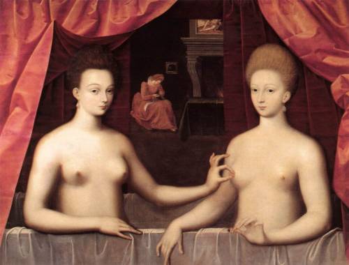Two versions of a portrait of Gabrielle d'Estrees and her sister by Master of the Fontainebleau Scho
