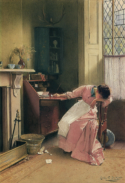 Carlton Alfred Smith (British, 1853-1946), “Recalling the Past”, 1888 by sofi01 on Flickr.
This painting talks to me