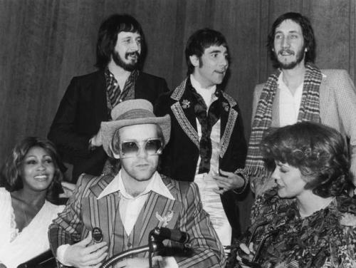 twixnmix:John Entwistle, Keith Moon, Pete Townshend, Tina Turner, Elton John and Ann-Margret at a pr