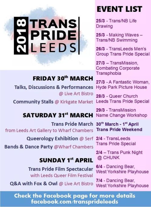 Get sharing, folks ^_^ Trans Pride Leeds finally has its events list and what a spectacular fortnigh