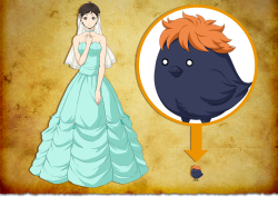 yoshi-x2:   Michimiya A tragic princess captured by the Great King. She courageously awaits for help amidst her grief. Hinagarasu A little crow that sits on Kenma’s staff. It watches over the hero and his gang with its little eyes.  Haikyu Quest sub