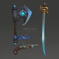 quelfabulous:  he Adamsteel Axe &amp; Adamsteel Cavalry Saber join the Adamflint Pistol I finished yesterday. In the story, these weapons are crafted with a magical ore that is greatly frowned upon by the Atelan republic.  For @drumsofatelaer