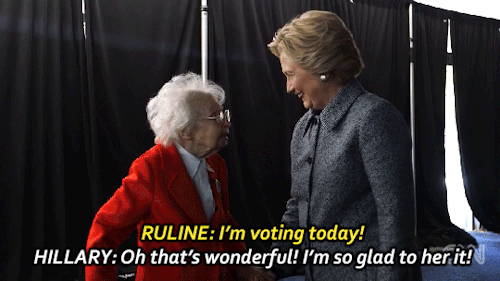 schwarmerei1:willisninety-six:103 year old Ruline Steininger casts a vote for Hillary Clinton in Iow