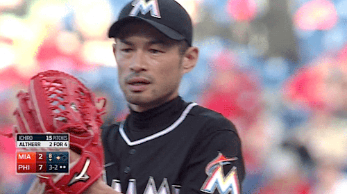 gfbaseball:Ichiro pitched the 8th inning, giving up a run on two hits - October 4, 2015
