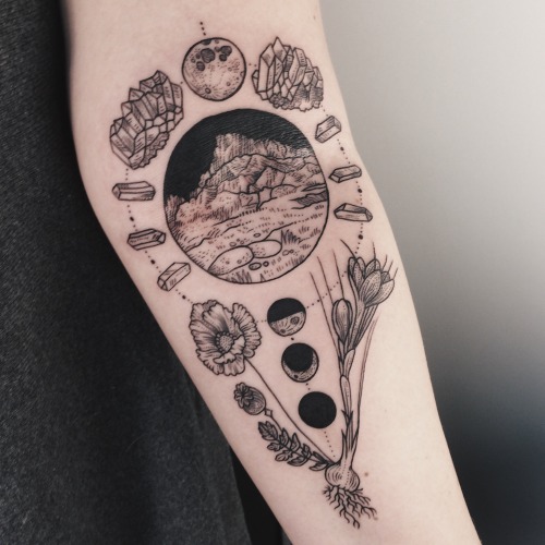 ponyreinhardt:  Sierra Nevada centered in the elbow ditch, nestled into a lunar calendar and framed by amethyst, poppy, and saffron.  By Pony Reinhardt at Tenderfoot Studio in Portland, OR.  For more, follow on IG: freeorgy 